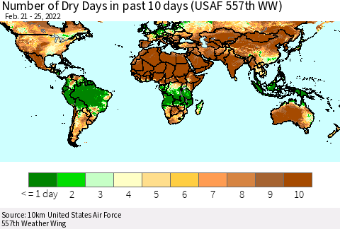 World Number of Dry Days in past 10 days (USAF 557th WW) Thematic Map For 2/21/2022 - 2/25/2022