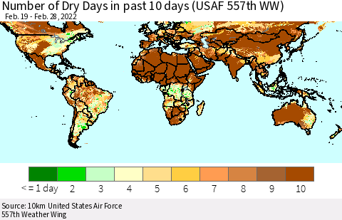 World Number of Dry Days in past 10 days (USAF 557th WW) Thematic Map For 2/26/2022 - 2/28/2022