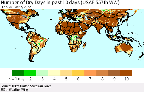 World Number of Dry Days in past 10 days (USAF 557th WW) Thematic Map For 3/1/2022 - 3/5/2022