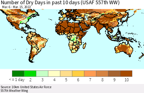 World Number of Dry Days in past 10 days (USAF 557th WW) Thematic Map For 3/11/2022 - 3/15/2022