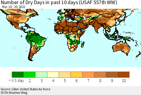 World Number of Dry Days in past 10 days (USAF 557th WW) Thematic Map For 3/16/2022 - 3/20/2022
