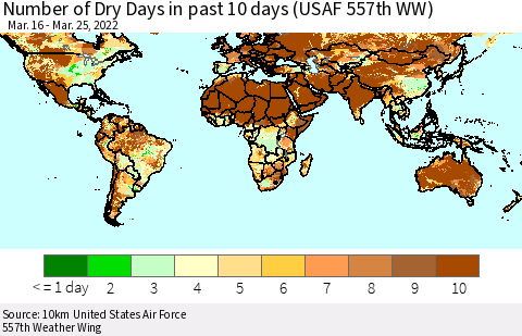 World Number of Dry Days in past 10 days (USAF 557th WW) Thematic Map For 3/21/2022 - 3/25/2022