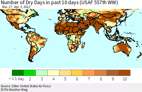 World Number of Dry Days in past 10 days (USAF 557th WW) Thematic Map For 4/1/2022 - 4/5/2022
