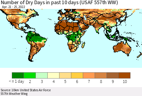 World Number of Dry Days in past 10 days (USAF 557th WW) Thematic Map For 4/21/2022 - 4/25/2022