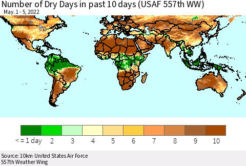 World Number of Dry Days in past 10 days (USAF 557th WW) Thematic Map For 5/1/2022 - 5/5/2022
