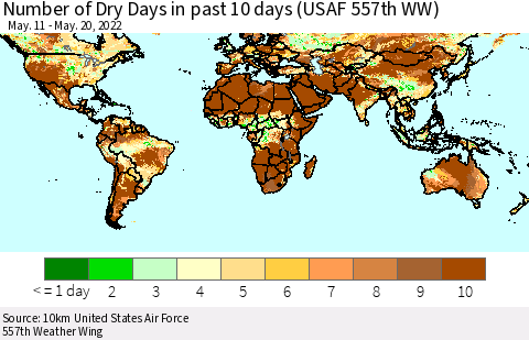 World Number of Dry Days in past 10 days (USAF 557th WW) Thematic Map For 5/16/2022 - 5/20/2022