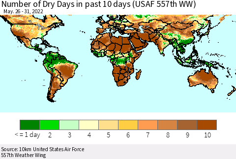 World Number of Dry Days in past 10 days (USAF 557th WW) Thematic Map For 5/26/2022 - 5/31/2022