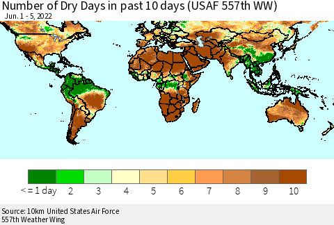World Number of Dry Days in past 10 days (USAF 557th WW) Thematic Map For 6/1/2022 - 6/5/2022