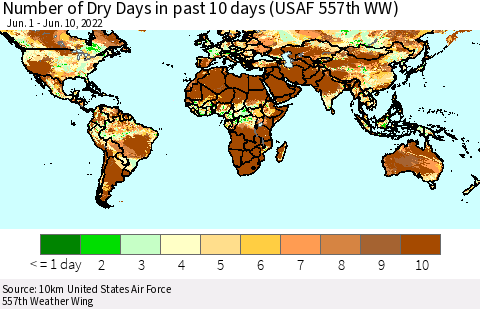 World Number of Dry Days in past 10 days (USAF 557th WW) Thematic Map For 6/6/2022 - 6/10/2022