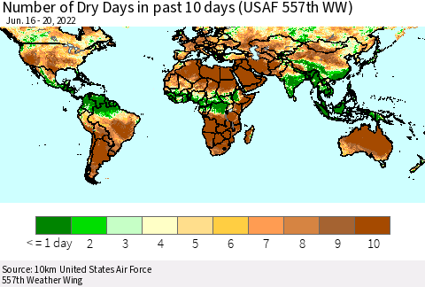 World Number of Dry Days in past 10 days (USAF 557th WW) Thematic Map For 6/16/2022 - 6/20/2022