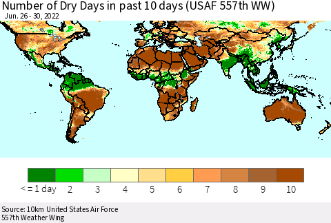 World Number of Dry Days in past 10 days (USAF 557th WW) Thematic Map For 6/26/2022 - 6/30/2022