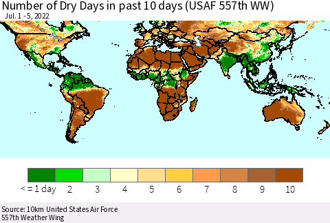 World Number of Dry Days in past 10 days (USAF 557th WW) Thematic Map For 7/1/2022 - 7/5/2022