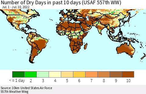 World Number of Dry Days in past 10 days (USAF 557th WW) Thematic Map For 7/6/2022 - 7/10/2022