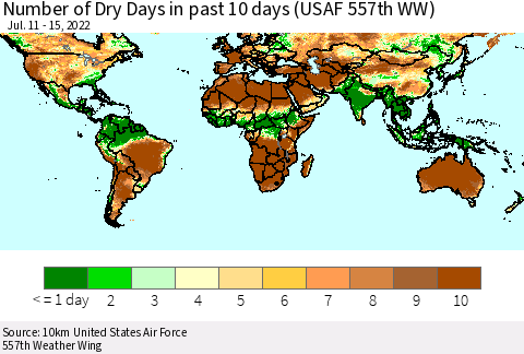 World Number of Dry Days in past 10 days (USAF 557th WW) Thematic Map For 7/11/2022 - 7/15/2022