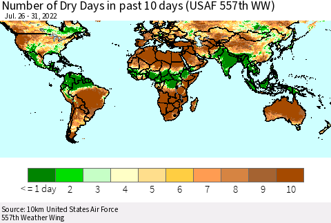 World Number of Dry Days in past 10 days (USAF 557th WW) Thematic Map For 7/26/2022 - 7/31/2022