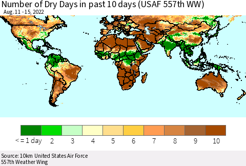 World Number of Dry Days in past 10 days (USAF 557th WW) Thematic Map For 8/11/2022 - 8/15/2022