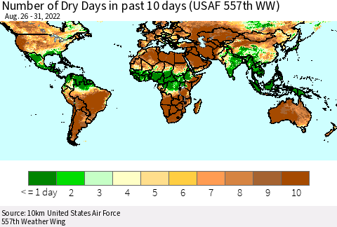 World Number of Dry Days in past 10 days (USAF 557th WW) Thematic Map For 8/26/2022 - 8/31/2022