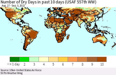 World Number of Dry Days in past 10 days (USAF 557th WW) Thematic Map For 9/1/2022 - 9/5/2022