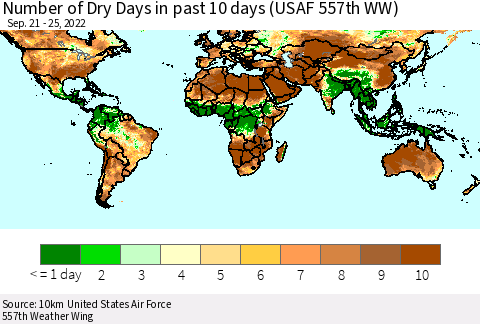 World Number of Dry Days in past 10 days (USAF 557th WW) Thematic Map For 9/21/2022 - 9/25/2022