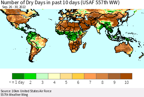 World Number of Dry Days in past 10 days (USAF 557th WW) Thematic Map For 9/26/2022 - 9/30/2022