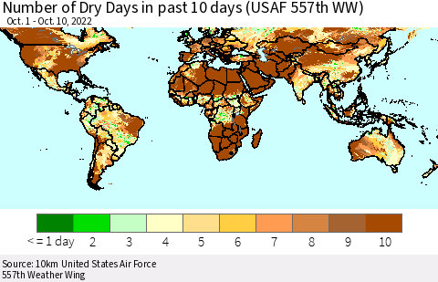 World Number of Dry Days in past 10 days (USAF 557th WW) Thematic Map For 10/6/2022 - 10/10/2022