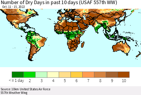 World Number of Dry Days in past 10 days (USAF 557th WW) Thematic Map For 10/11/2022 - 10/15/2022