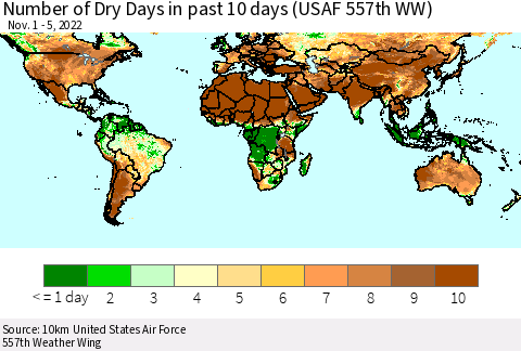 World Number of Dry Days in past 10 days (USAF 557th WW) Thematic Map For 11/1/2022 - 11/5/2022