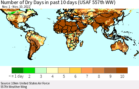 World Number of Dry Days in past 10 days (USAF 557th WW) Thematic Map For 11/6/2022 - 11/10/2022