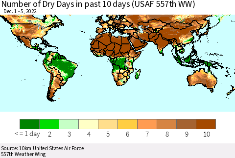 World Number of Dry Days in past 10 days (USAF 557th WW) Thematic Map For 12/1/2022 - 12/5/2022