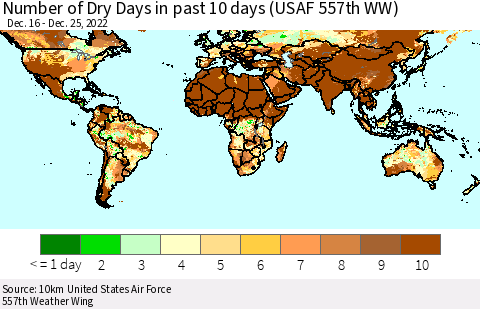 World Number of Dry Days in past 10 days (USAF 557th WW) Thematic Map For 12/21/2022 - 12/25/2022