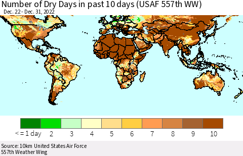 World Number of Dry Days in past 10 days (USAF 557th WW) Thematic Map For 12/26/2022 - 12/31/2022