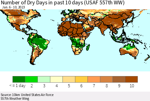 World Number of Dry Days in past 10 days (USAF 557th WW) Thematic Map For 1/6/2023 - 1/10/2023