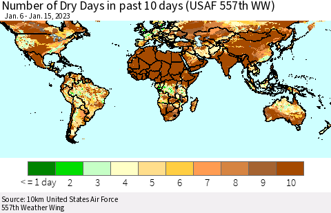 World Number of Dry Days in past 10 days (USAF 557th WW) Thematic Map For 1/11/2023 - 1/15/2023