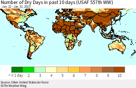 World Number of Dry Days in past 10 days (USAF 557th WW) Thematic Map For 1/26/2023 - 1/31/2023