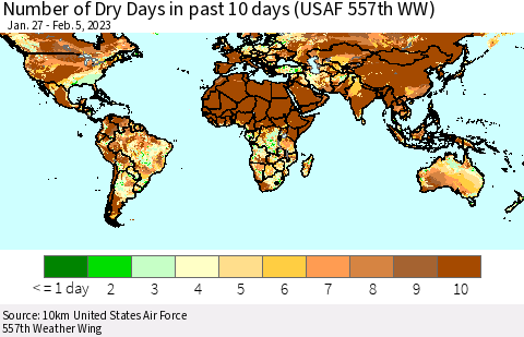 World Number of Dry Days in past 10 days (USAF 557th WW) Thematic Map For 2/1/2023 - 2/5/2023