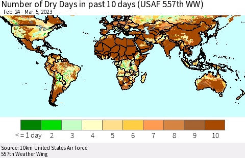 World Number of Dry Days in past 10 days (USAF 557th WW) Thematic Map For 3/1/2023 - 3/5/2023