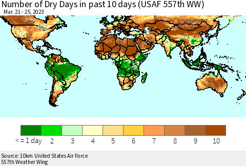 World Number of Dry Days in past 10 days (USAF 557th WW) Thematic Map For 3/21/2023 - 3/25/2023