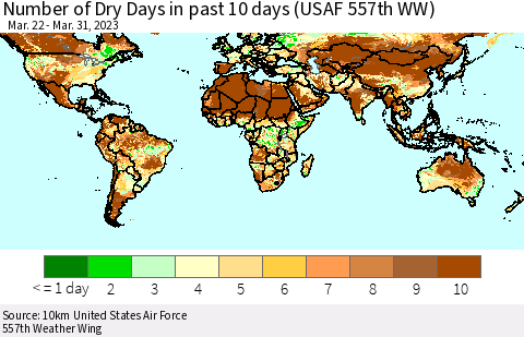 World Number of Dry Days in past 10 days (USAF 557th WW) Thematic Map For 3/26/2023 - 3/31/2023