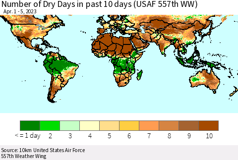 World Number of Dry Days in past 10 days (USAF 557th WW) Thematic Map For 4/1/2023 - 4/5/2023
