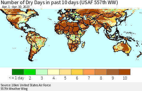 World Number of Dry Days in past 10 days (USAF 557th WW) Thematic Map For 4/6/2023 - 4/10/2023
