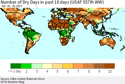 World Number of Dry Days in past 10 days (USAF 557th WW) Thematic Map For 4/16/2023 - 4/20/2023
