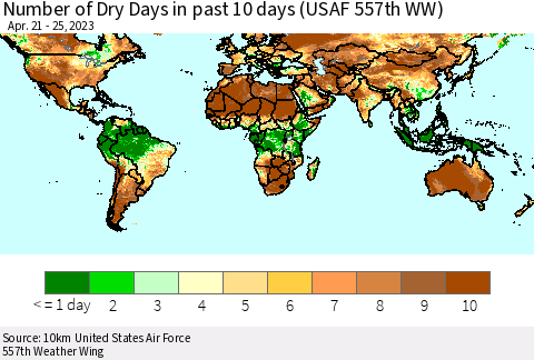 World Number of Dry Days in past 10 days (USAF 557th WW) Thematic Map For 4/21/2023 - 4/25/2023