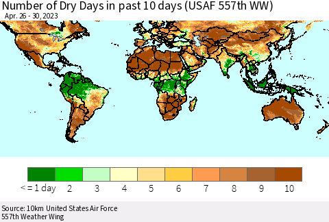 World Number of Dry Days in past 10 days (USAF 557th WW) Thematic Map For 4/26/2023 - 4/30/2023