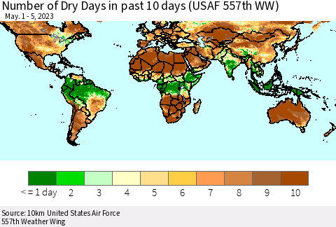World Number of Dry Days in past 10 days (USAF 557th WW) Thematic Map For 5/1/2023 - 5/5/2023