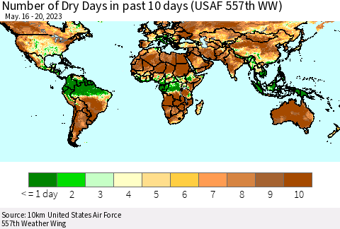 World Number of Dry Days in past 10 days (USAF 557th WW) Thematic Map For 5/16/2023 - 5/20/2023