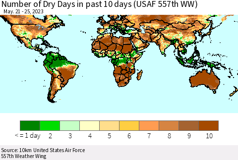 World Number of Dry Days in past 10 days (USAF 557th WW) Thematic Map For 5/21/2023 - 5/25/2023