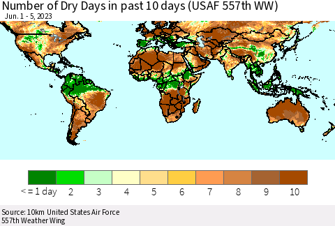 World Number of Dry Days in past 10 days (USAF 557th WW) Thematic Map For 6/1/2023 - 6/5/2023