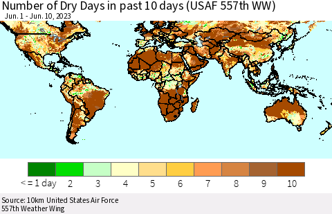 World Number of Dry Days in past 10 days (USAF 557th WW) Thematic Map For 6/6/2023 - 6/10/2023