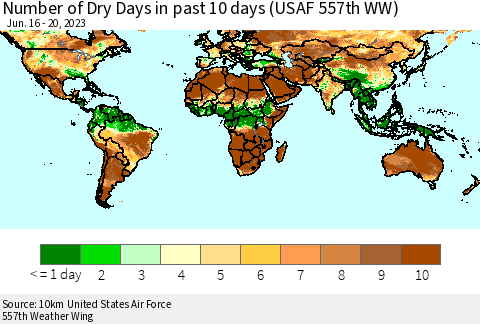 World Number of Dry Days in past 10 days (USAF 557th WW) Thematic Map For 6/16/2023 - 6/20/2023