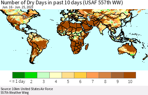 World Number of Dry Days in past 10 days (USAF 557th WW) Thematic Map For 6/21/2023 - 6/25/2023